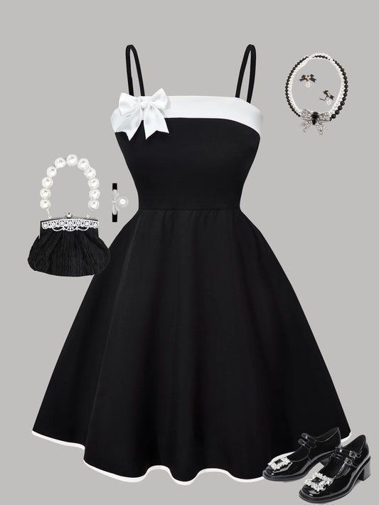 Girls' dress summer outfit; children's summer bow dress; girls' medium and large dress