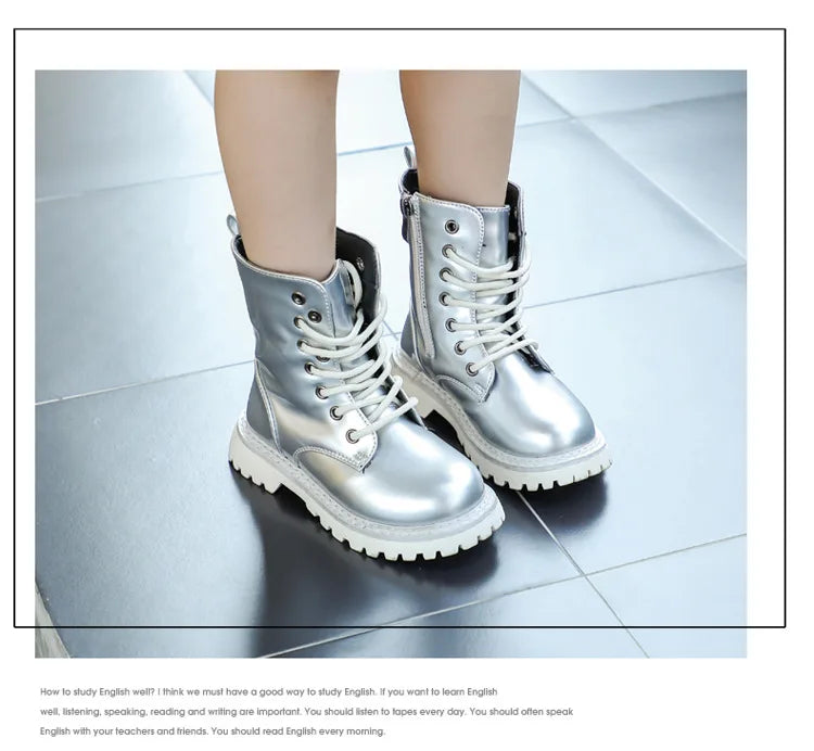 Girls Boots 2025 New Autumn Winter Fashion Butterfly Princess Botas Casual Non-slip Ankle Boots Silver Patent Leather Kids Shoes