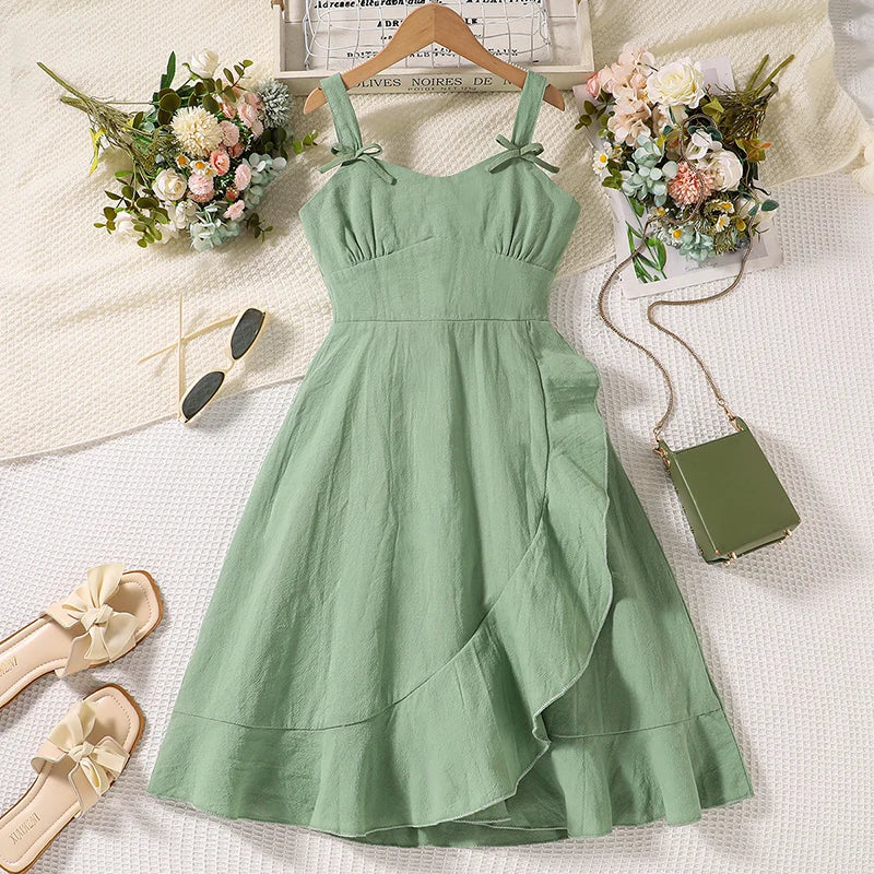 Summer Girl's Dress 8-12 Years Old Cute Bow-Embellished Slip Panel