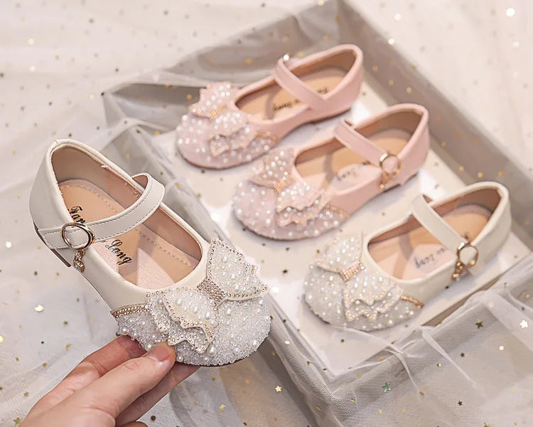 Autumn Fashion Pearl Bow Rhinestone Little Girl Shoes Flat Heels Kids Princess Shoes
