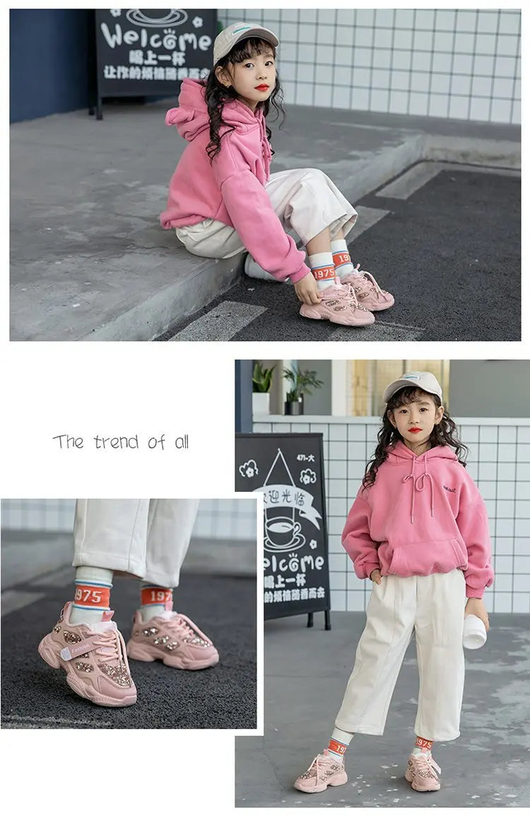 2022 Spring Fashion Women Sneakers Kids Toddler Girl Shoes Rhinestones Glittering Childen Outdoor Leisure Sports White Shoes Red