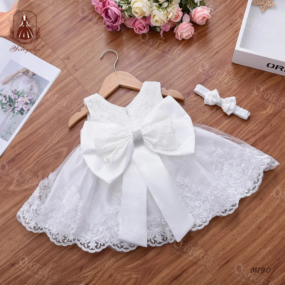 Baby Girl Clothes White Dress for Baptismal Ceremony Little Flower Child Wedding Dress Toddler Kids 1st Birthday Party Dresses