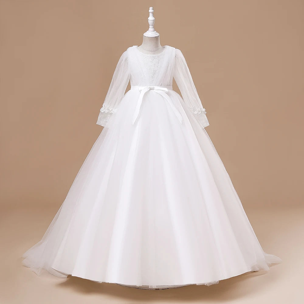 Summer Flower Girls Dress Bow Long Sleeve Wedding Ball Gown Child Host White Dress