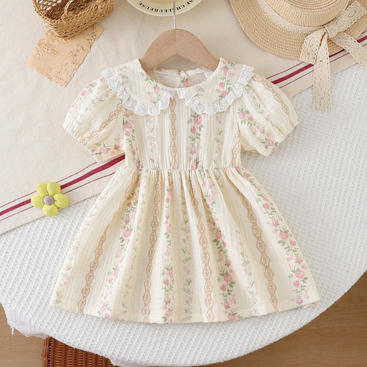 Baby Girl Summer Dress, Woven Crinkle Fabric Lapel Ruffle Waist Printed Short Sleeve Dress