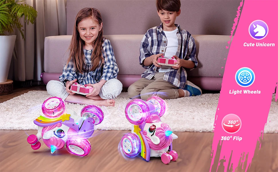 Unicorn Remote Control Car for Girls, 360° Rotating 4WD Stunt RC Cars with Cute Lights