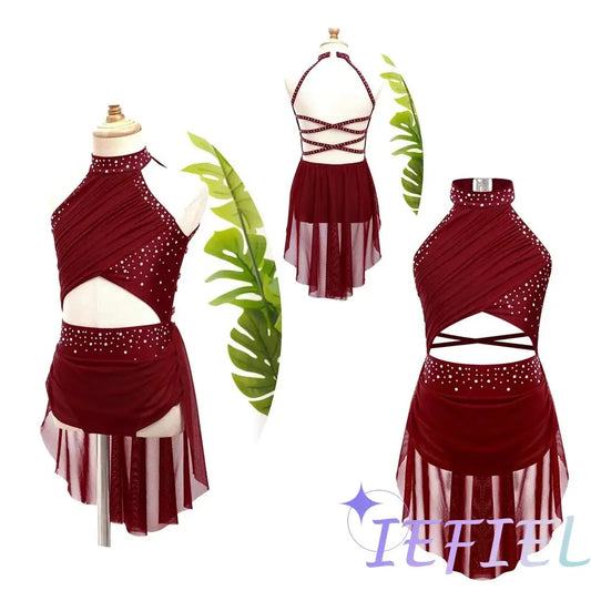 Girls Modern Lyrical Jazz Dance Dress Ballet Gymnastics Skating Performance Costume Kids Cut Out Dancing Leotard Tutu Skirted