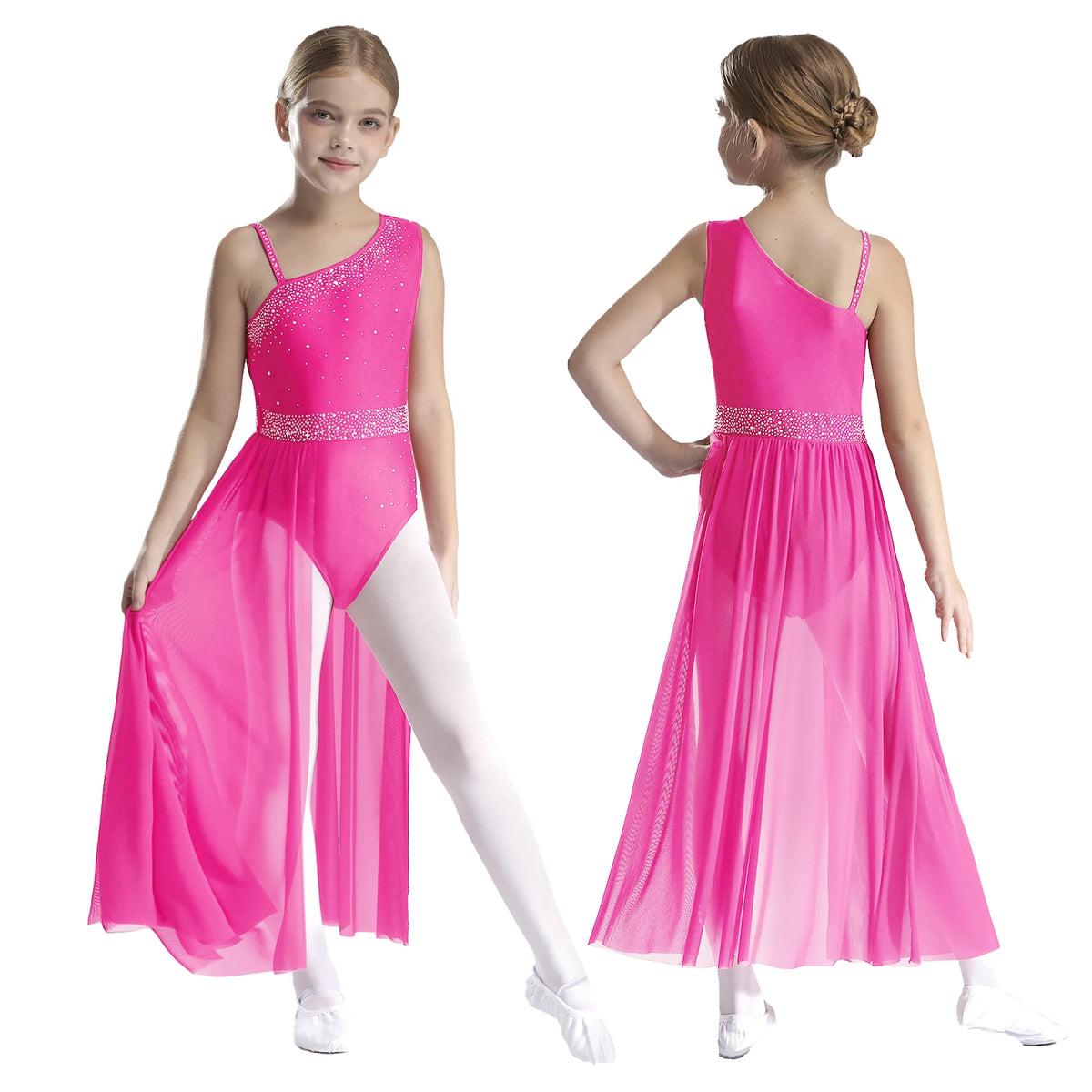 Girls Delicate 3D Flower Lyrical Dance Dress Asymmetrical Ruched Long Dress Gymnastics Modern Dance Clothes Performance Dress