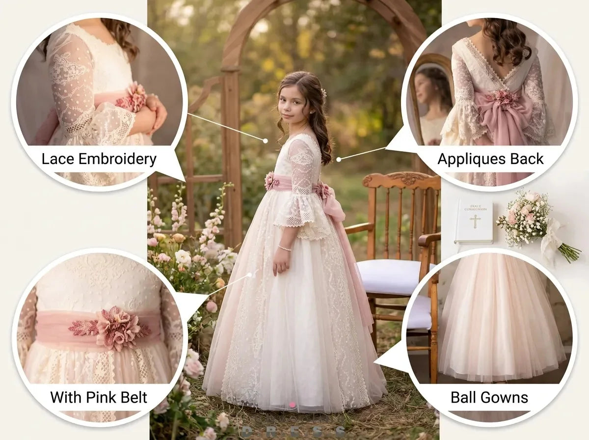 BABYONLINE Customized Comunión Dress Puff Sleeve Lace Embroidery Vestidos De Niñas