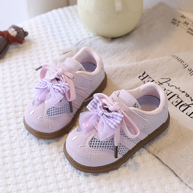 Girls Casual Shoes Spring Summer Children Hollow Sneakers with Cut-outs Breathable Holes Cute Bow-knot Soft Comfortable Sweet