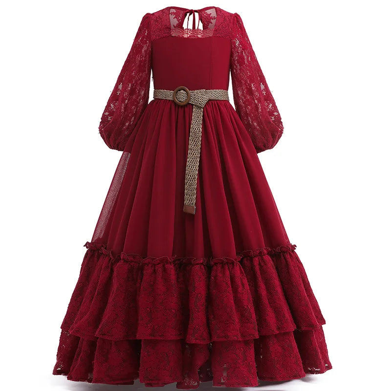 Girls lace long sleeved princess dress 2024 new high-end chiffon waist length