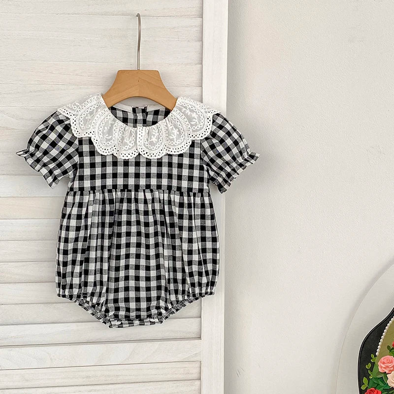 Checkered Eyelet Collar Sister Outfit