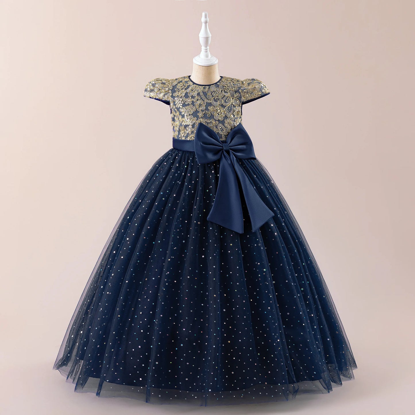 Girls Flower Embroidery Party Dress Kids Big Bow Long Wedding Bridesmaid