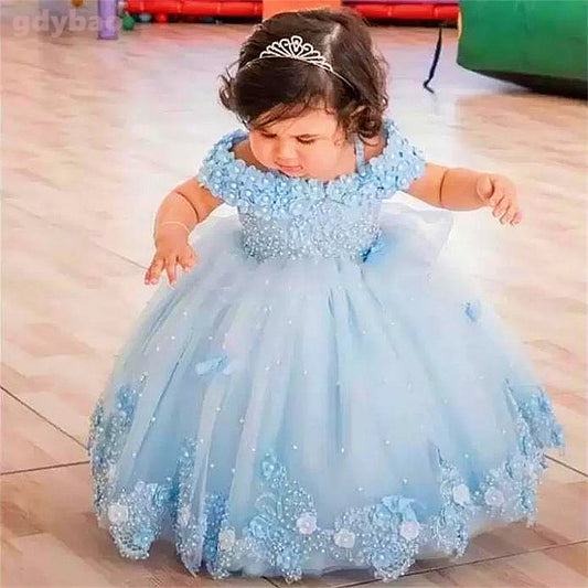 Baby Girls Dresses Off Shoulder Pearls Lace Butterflies Flower Girl Dress