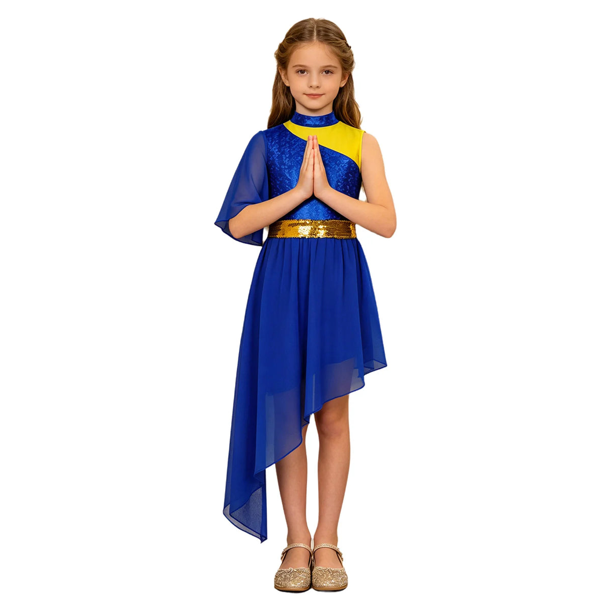 Kids Girls Lyrical Contemporary Worship Liturgical Praise Dance Dress Flare Sleeve Sequin Splice Dress Performance Costume