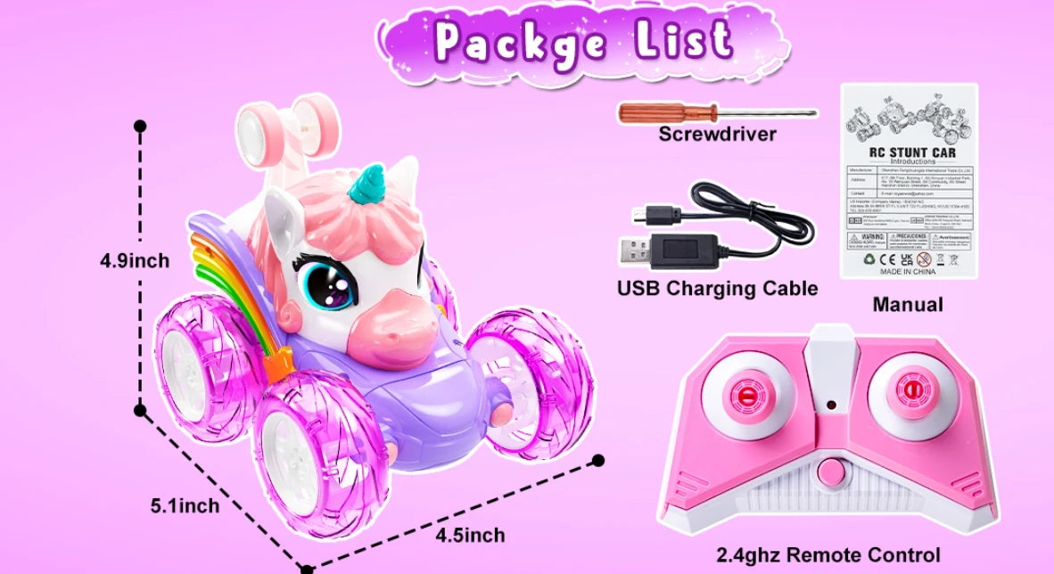 Unicorn Remote Control Car for Girls, 360° Rotating 4WD Stunt RC Cars with Cute Lights