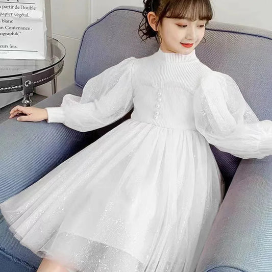 2026 spring  Teens Girls white Cloth long sleeve party knitted mesh lace layered  dress