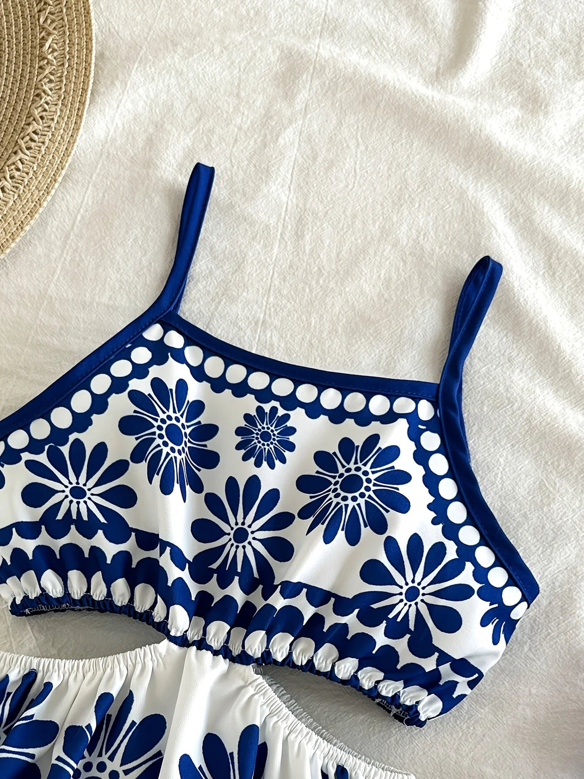 Girls' Summer Casual Dress, New Blue and White Floral Print Design, Hollow-Out Strap Dress