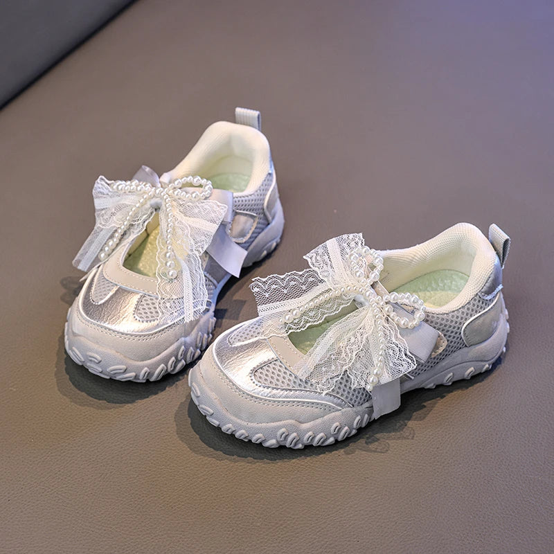 2026 Summer Kids Sport Sneakers for Girl Pearl Lace Mary Jane Flats Lightweight Non-Slip