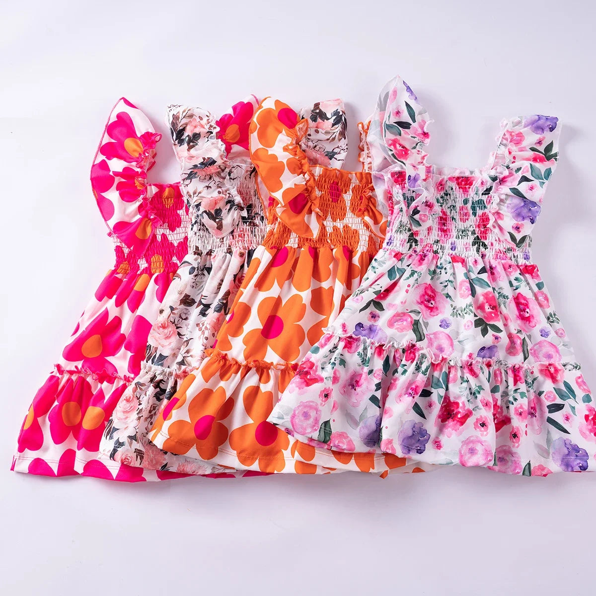Summer Girls New Flying Sleeve Dress Floral Print Skirt