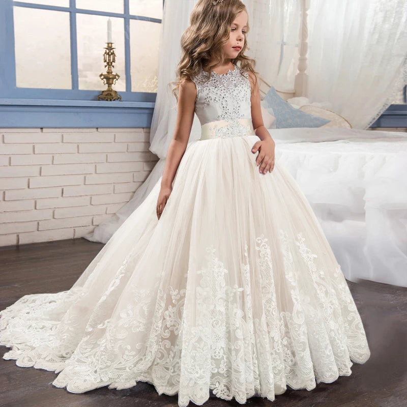 Kids Party Dress For Girls Wedding Bridesmaid Gown Lace Flower
