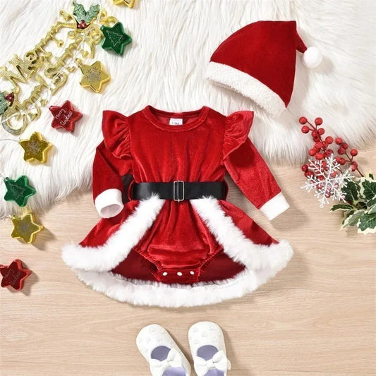 Baby Girl's Christmas Velvet Dress with PP shorts & Hat Set ,Pom pom Trim baby girl Dress