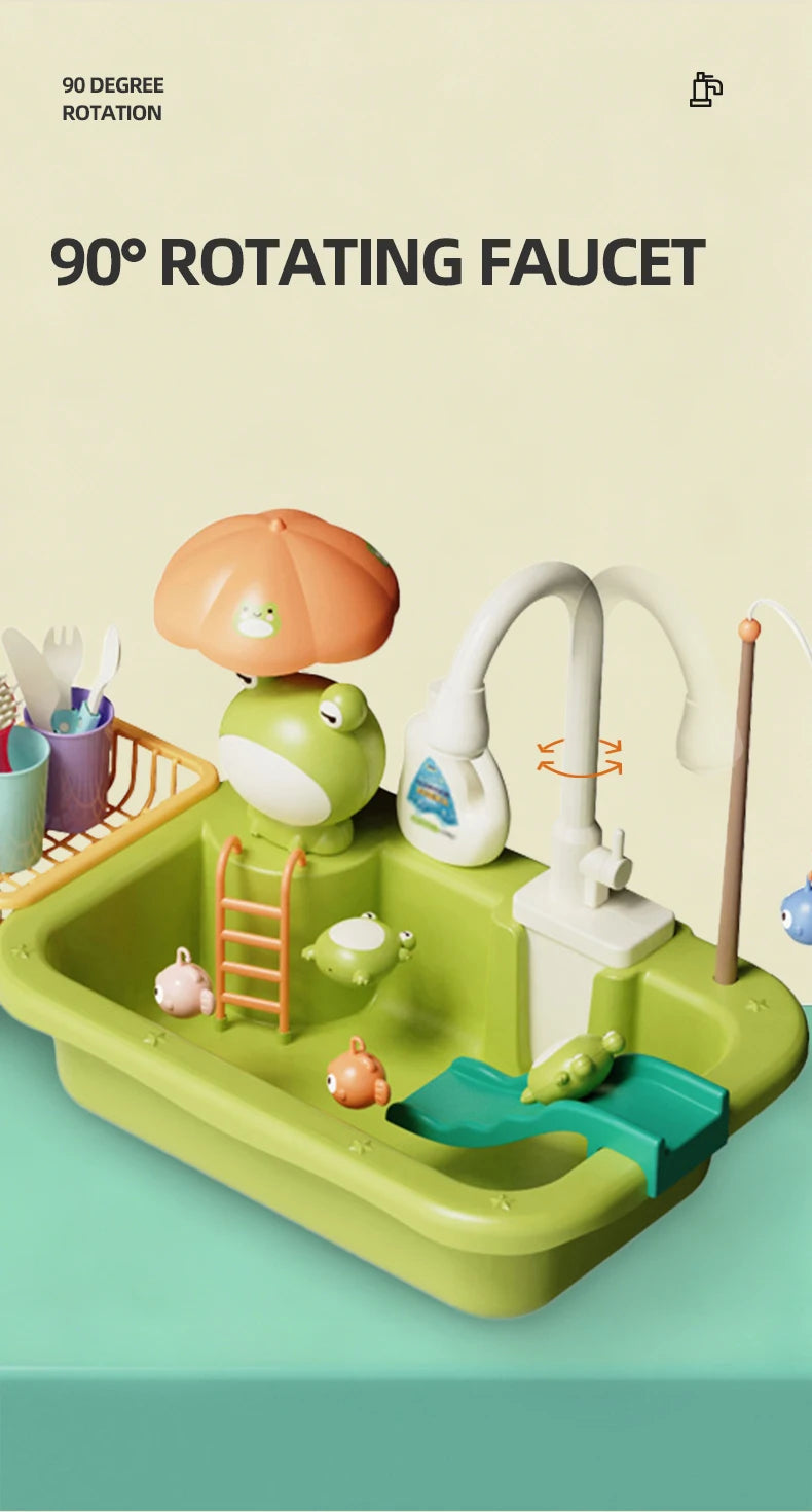 Kids Kitchen Sink Toys Electric Dishwasher Playing Toy with Running Water Pretend Play Food Fishing Toy Role Playing Girls Gifts