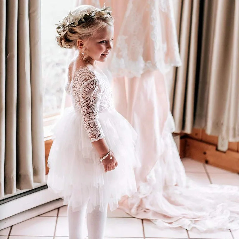 Flower Girl White Lace Vacation Festival Dress Elegant Lace Backless Prom Dress