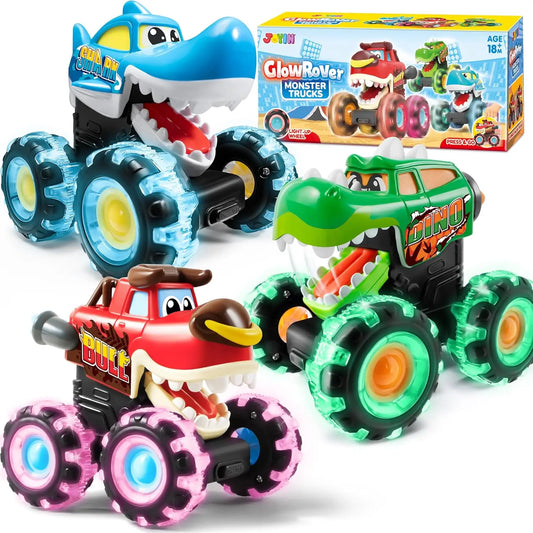 JOYFY 3 Pack Monster Truck Toy Motion Activated Light-Up Cars