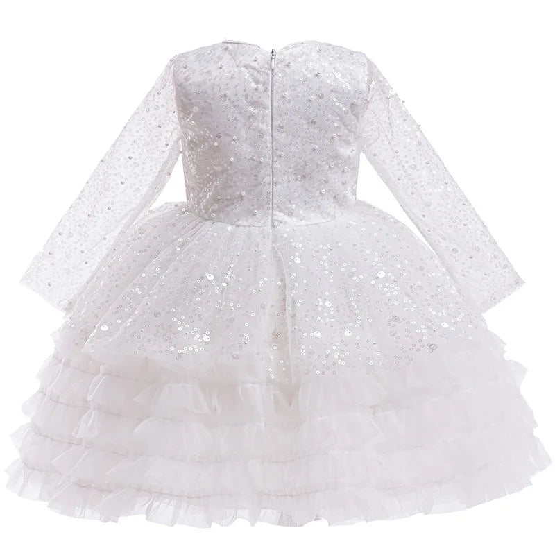2026 Long slevee Sequins White baptism Dress Girl Pageant Dress