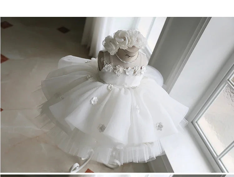 Newborn Baptism Dress For Baby Girl White First Birthday Party Wear 3D Flower Toddler Girl Christening Gown Wedding Vestidos