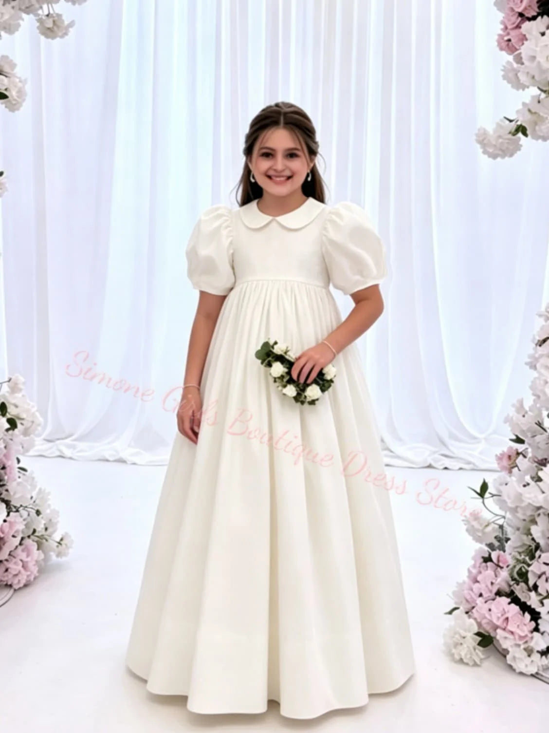 Girl Gown Elegant Princess Draped Flower Girl Dress for Wedding Party Neck High Waist Balloon Sleeve Holy Communion Dress Custom