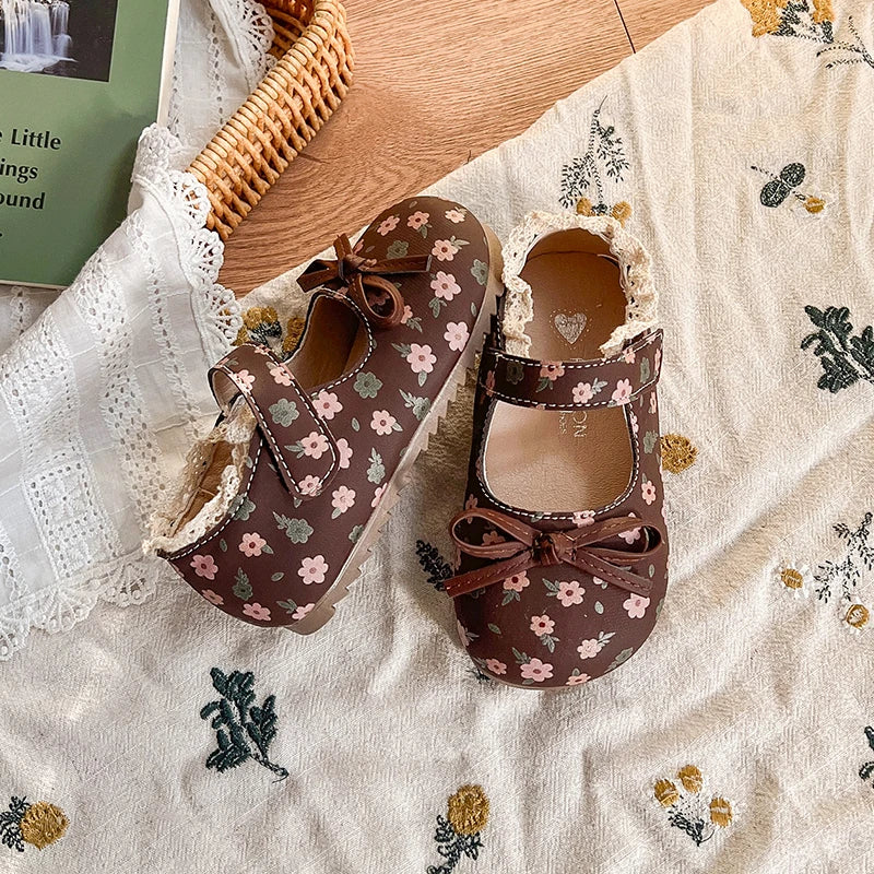 Spring Girl's Princess Shoes Floral Adorable Versatile Kids Flat Shoe Round Toe Soft Comfy Trendy Children Mary Janes 21-32