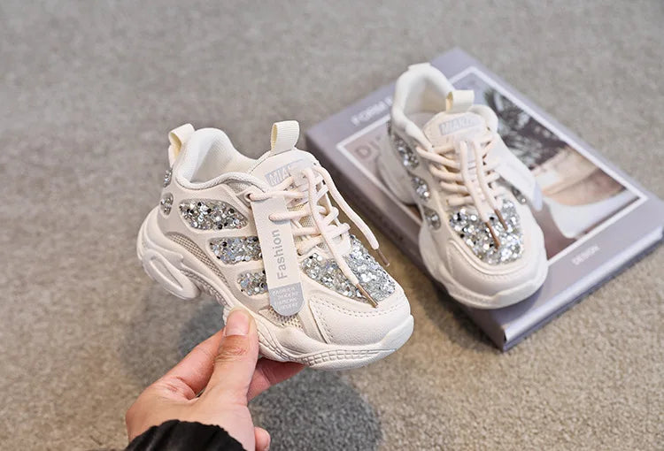 2022 Spring Fashion Women Sneakers Kids Toddler Girl Shoes Rhinestones Glittering Childen Outdoor Leisure Sports White Shoes Red