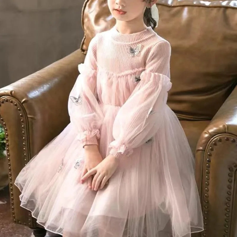 2023Girls' Autumn Winter New Fashion Half High Neck Long Sleeve Dress