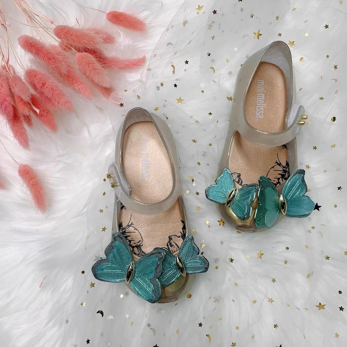Children's Fashion Shoes Pink Metal Sequins Three-dimensional Butterfly Rhinestone Jelly Girls' Beach Sandals Trendy Shoes