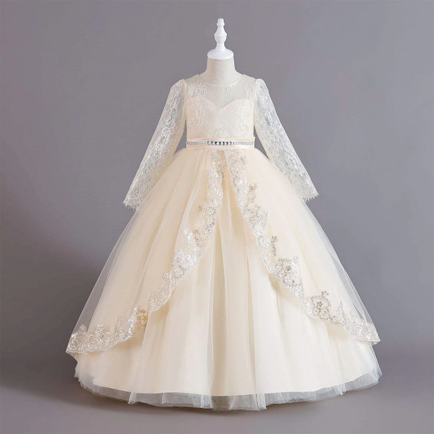 Elegant Baptism Bridesmaid Party Girl Dresses Long Sleeve Princess Dress