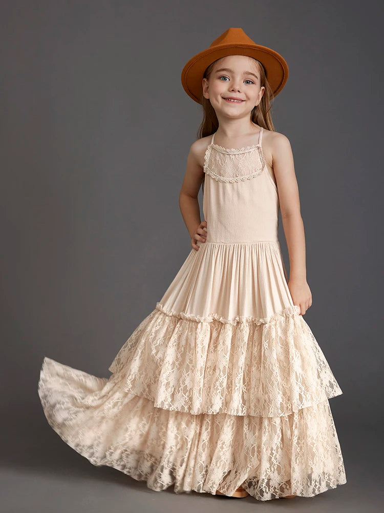 New 2024 Princess Girls Short Sleeve Lace Long Floor Dresses