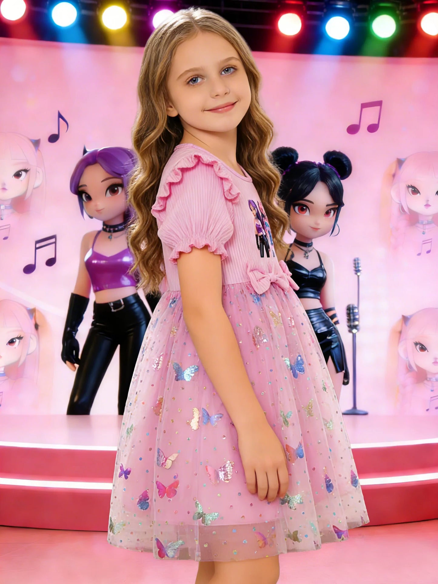 Girls' dress with sweet and cool girl group prints + double bows at the waist, puff sleeves, and a pink princess dress