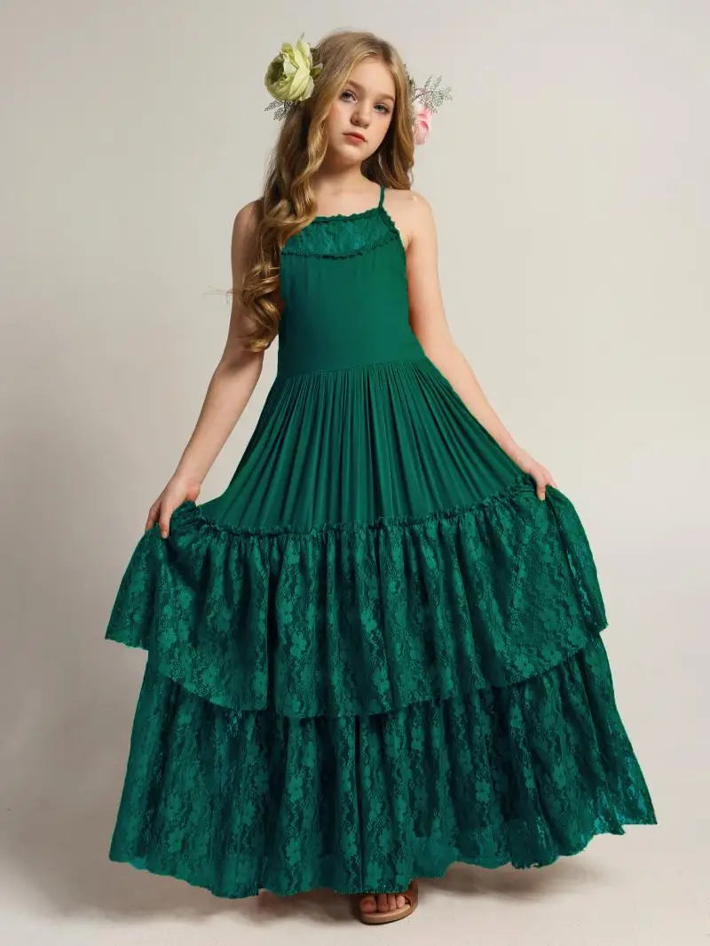 New Girl Lace Chiffon Backless Long Dress Wedding Flower Girl