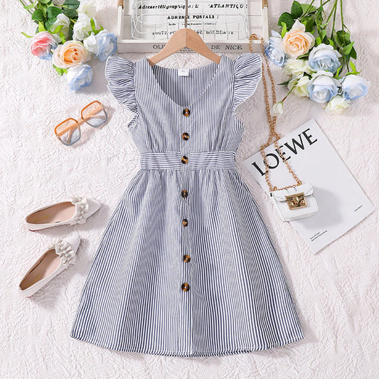 Ivy Summer Dress Age 6 - Striped Flying Sleeve Dress for girls