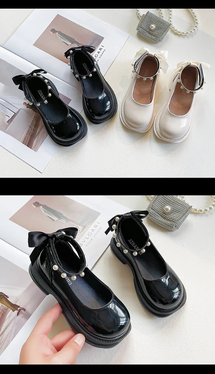 Small Pearl Leather Shoes for Girls, Soft Soles for Children