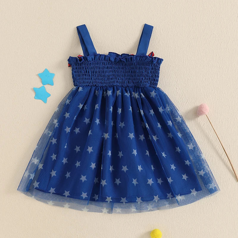 Cute Toddler Independence Day Outfit Red White Blue Striped Ruffle Sleeveless Dress