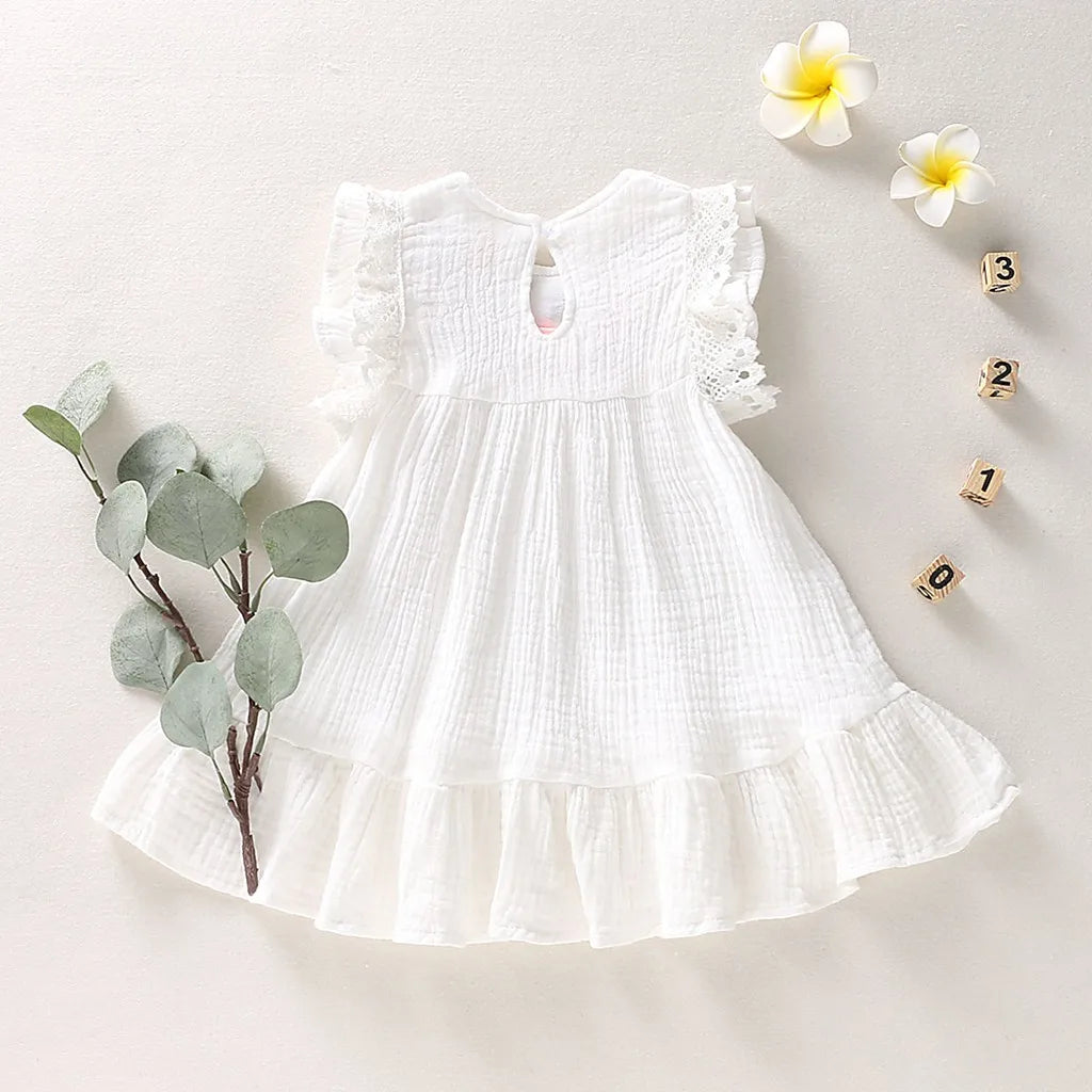 Marina Dresses Pleated Sleeve Delicate Embroidery Swing White