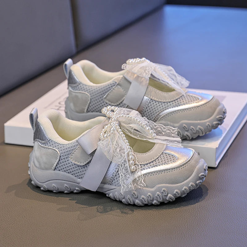 2026 Summer Kids Sport Sneakers for Girl Pearl Lace Mary Jane Flats Lightweight Non-Slip