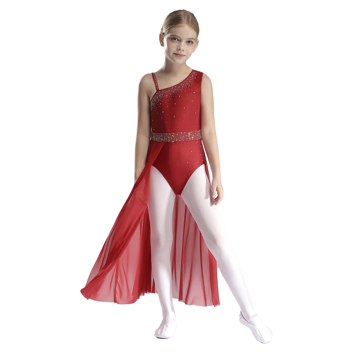 Girls Delicate 3D Flower Lyrical Dance Dress Asymmetrical Ruched Long Dress Gymnastics Modern Dance Clothes Performance Dress