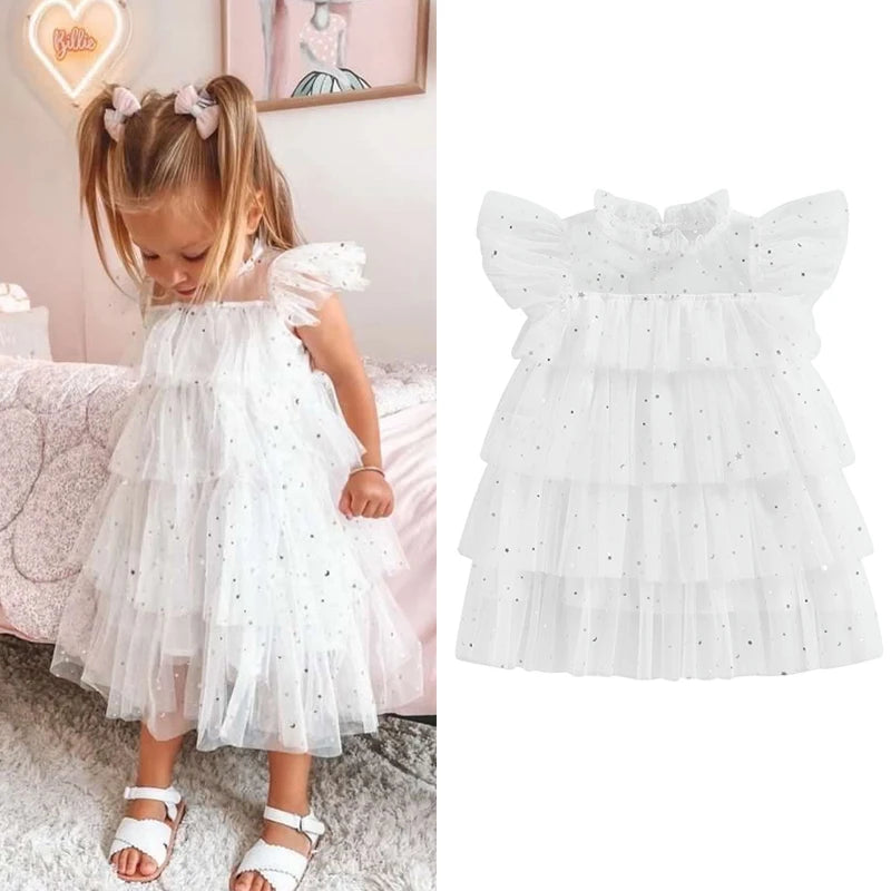 Zoe Toddler Girls Dress with Stars Moon Sequins and Ruffles