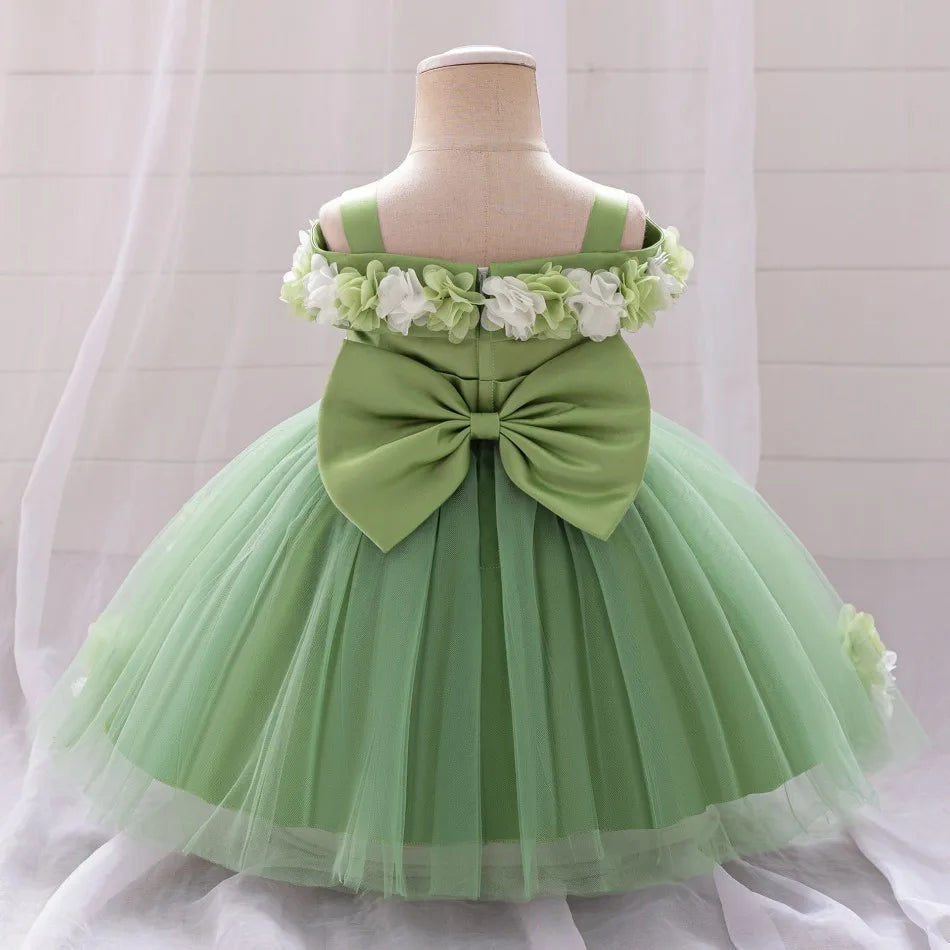 New Baby Girls 1st Princess Dress Infant Three-dimensional Flower One-word Shoulder Mesh Dress Baby Girl Performance Dress ASQ03