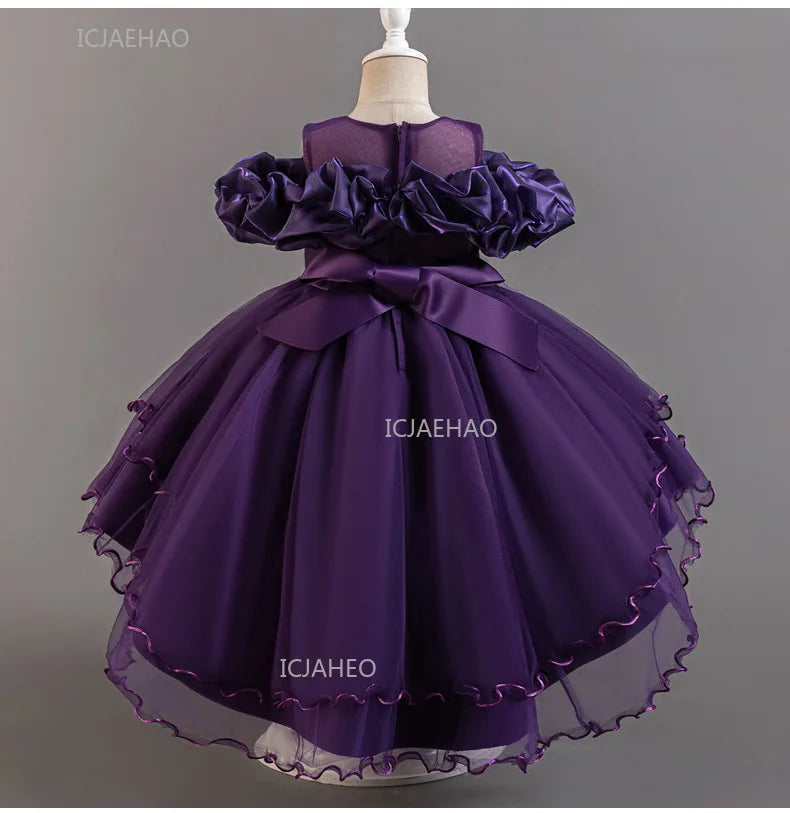 Girls Flower Girl Dress with Train Tulle Princess Gown Christmas Birthday Party Pageant Formal Dresses Kids Children Clothing