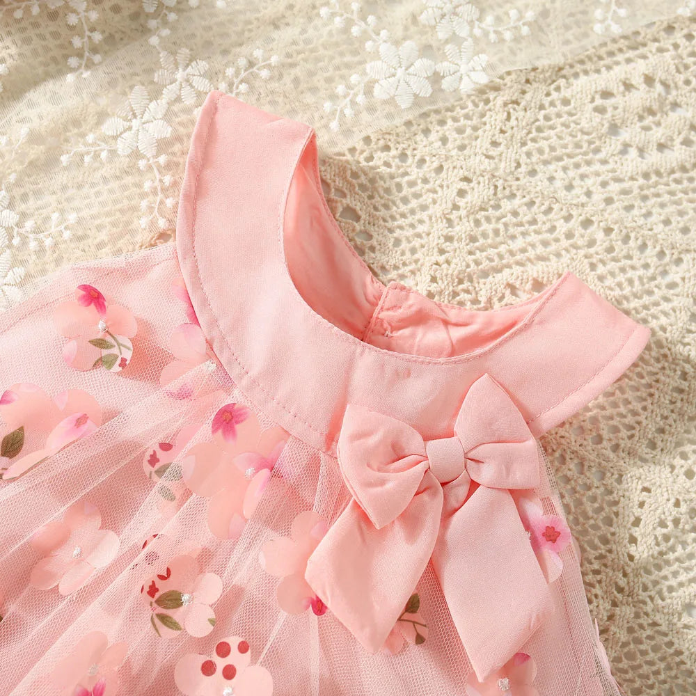 (0-3 Years Old) Summer Mesh All Over Flower Bow Baby Girl Dress