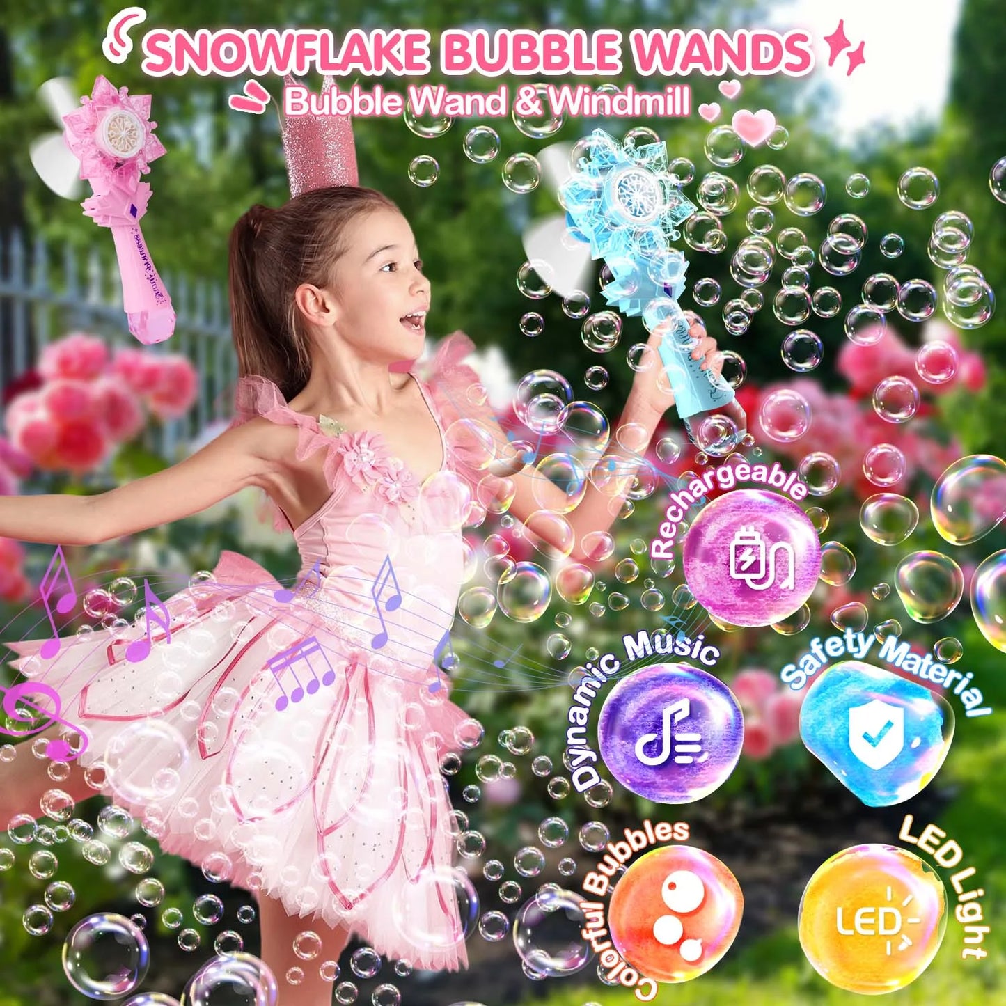 VATOS Recharge Bubble Wand X2 for Kids Girls Boys LED Electric Auto Snowflake Bubble